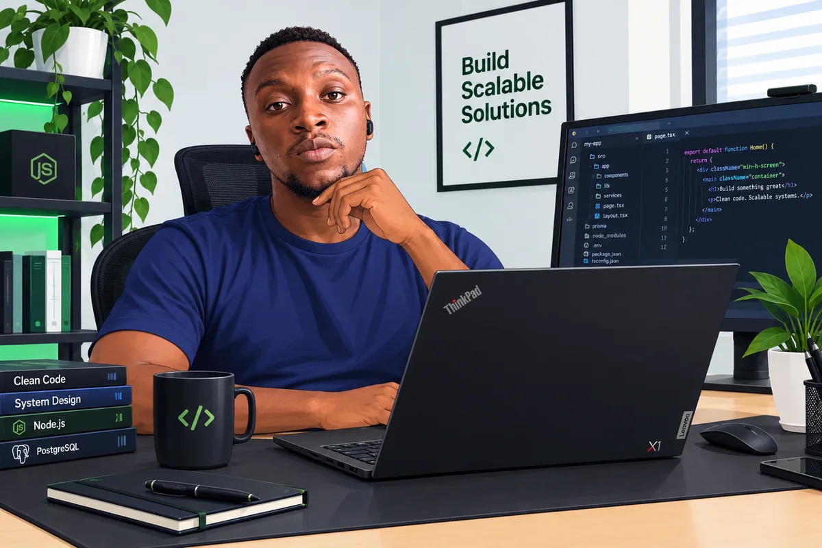 Pascal Ahmadu at his desk with a laptop and code on screen